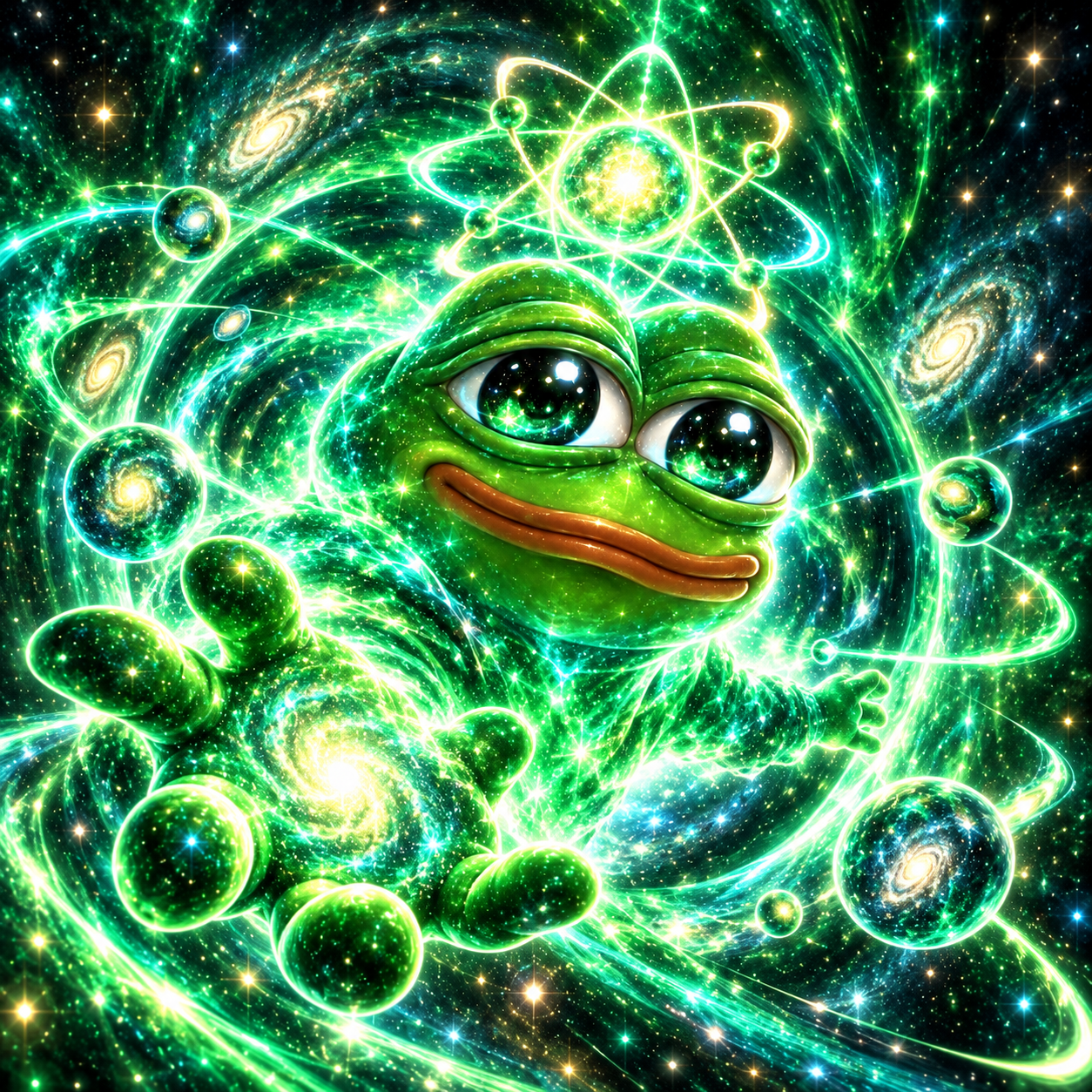 Quantum Pepe reaching through a luminous field of planets and galaxies